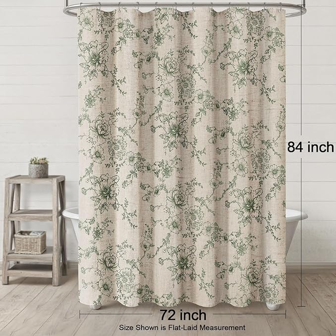 Farmhouse Floral Linen Shower Curtain, Vintage Green Pattern Rustic Shower Curtains for Bathroom, Tan Taupe,72x84