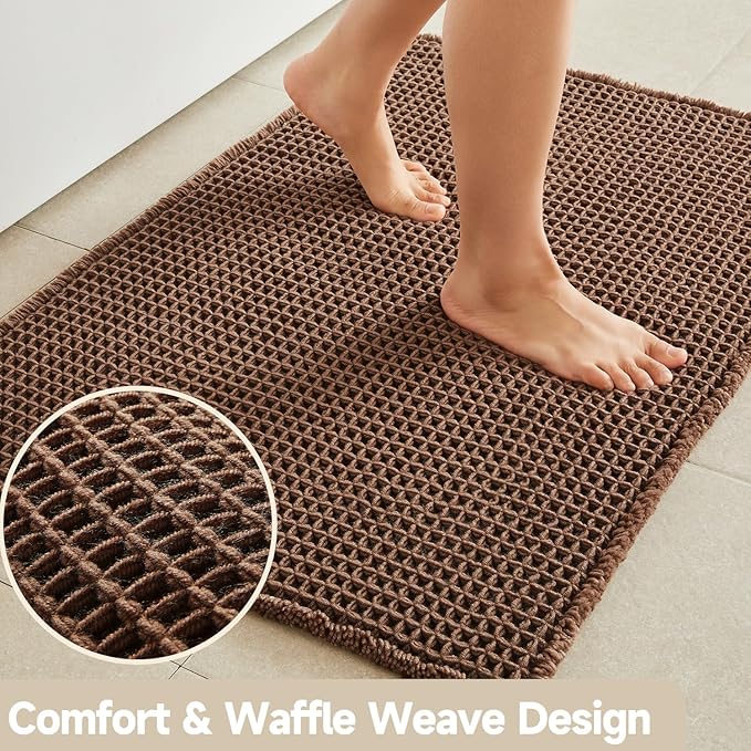 Waffle Bath Mat, Boho Bathroom Rugs Non Slip Washable Super Absorbent Quick Dry Bath Mat Farmhouse Bathroom Decor, 30"x20" Mocha