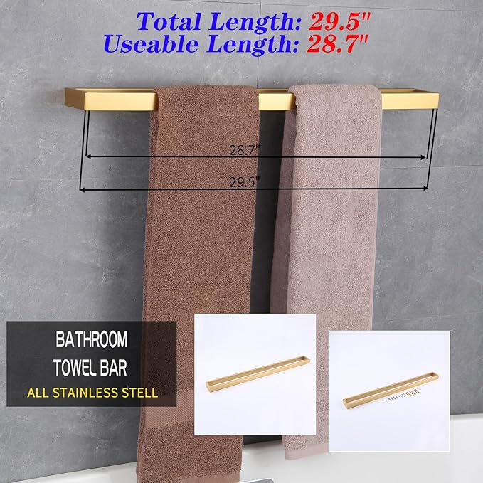 GERZWY 30-Inch Towel Bar, Gold Stainless Steel Modern Square Style Bath Towel Bar Wall Mount HG17702-BE