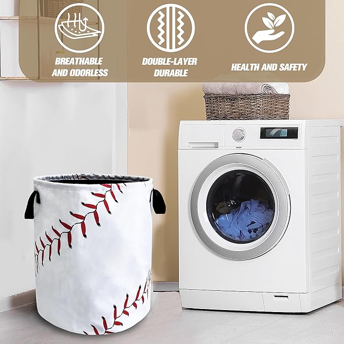 Baseball Texture Pattern Laundry Basket Ball Foldable Oxford Cloth Funny Tote Bag Laundry Hamper Clothes Storage Bucket Toy Organizer For Bathroom/Laundry Storage/Bedroom 18.9x16.5 Inch