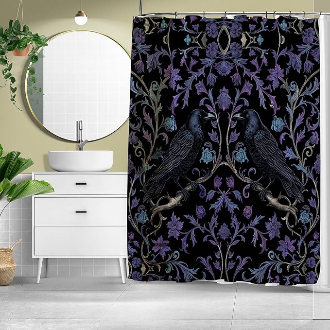 Gothic Black and Purple Crow Shower Curtain,Witchy Raven and Flower Shower Curtains Waterproof Polyester,Funny Dark Academia Floral Bathroom Decor Accessories,72x72 in