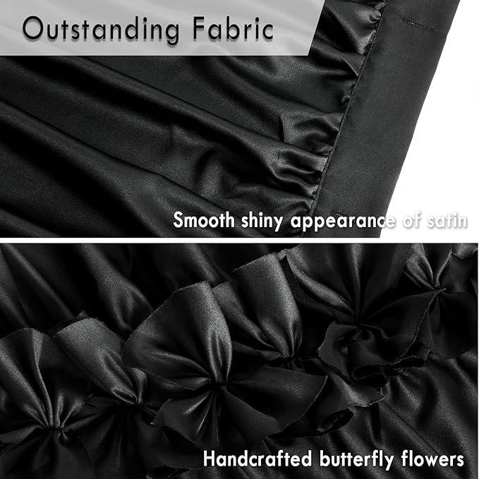Black Ruffle Shower Curtain, Vintage Handcrafted Bow Tie Bath Curtain for Master Bathroom, Ruched Satin Bathroom Curtain with 12 Buttonholes, 72" W x 72" H (LQ-10)