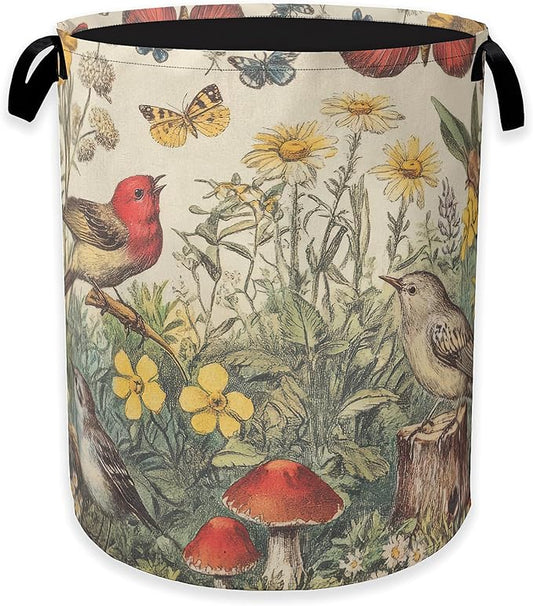 Collapsible Laundry Basket,Vintage Flower Bird Dirty Clothes Hamper,Rustic Butterfly Mushroom Hampers for Bedroom Waterproof Oxford Cloth Storage Organizer for Bathroom,Nursery,Dorm,16x20 Inch