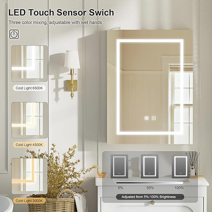 18x24 Inch Lighted Medicine Cabinet with Mirror,LED Bathroom Mirror Cabinet with Lights Wall Mounted,Illuminated Mirror Cabinet, Adjustable Brightness, 3 Color Lighting, Anti-Fog