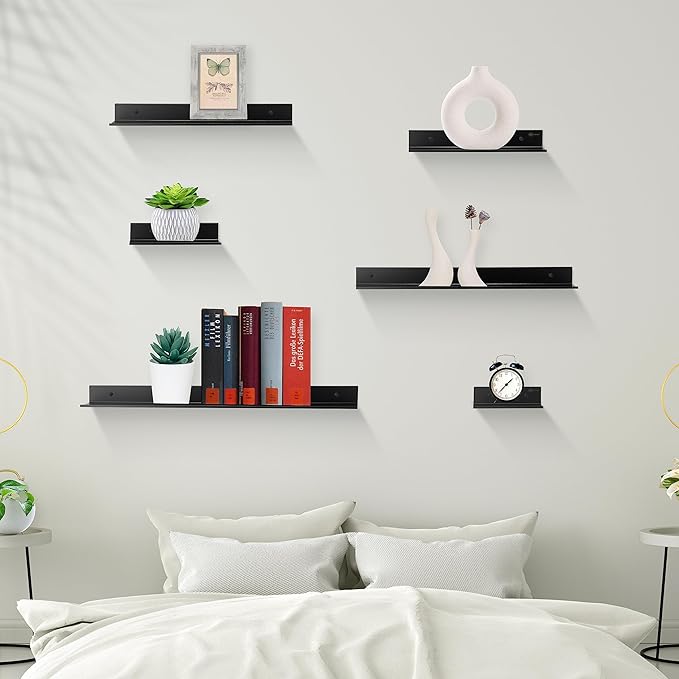 Z metnal Small Decor Shelves, Mini Floating Display Wall Shelf for Smart Speaker Collectables, Aluminum, Wall Mounted, Matt Black,12 x 5 inch,1ft Wide, 2 Pack