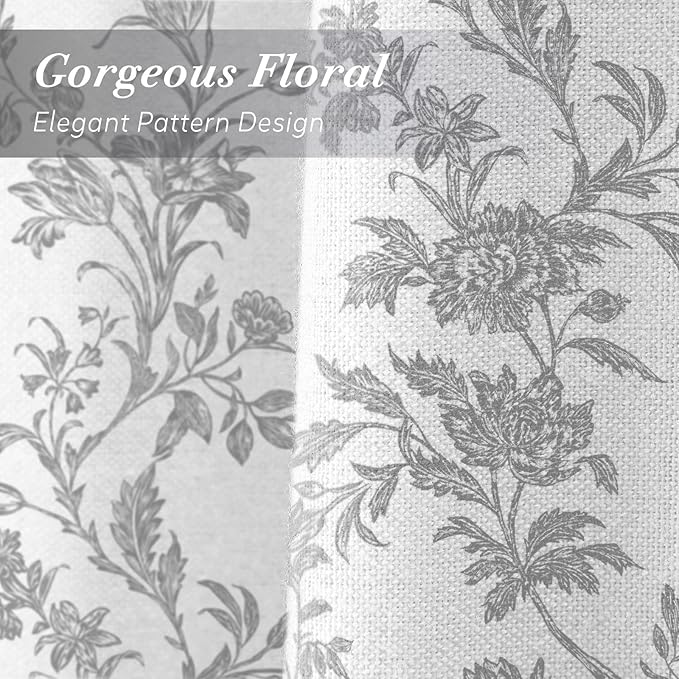 Grey Floral Shower Curtain,Vintage Cotton Cottagecore Gray Shower Curtains for Bathroom, 72" W x 72" L