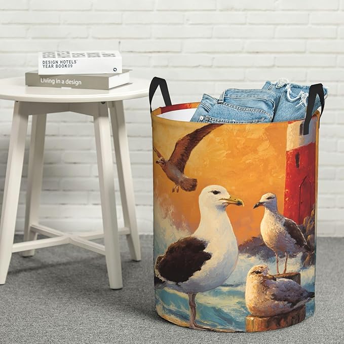 Seagull Ocean Laundry Hamper, Collapsible Storage Basket with Handles for Clothes, Bedroom, Bathroom 19.6 x15.7 Inch