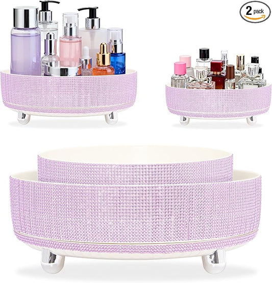Rotating Bling Perfume Makeup Organizer, Rhinestone Cosmetic Display Cases with 2-Piece Set, 360° Spinning Bathroom Organizers for Countertop, Vanity Table | Purple