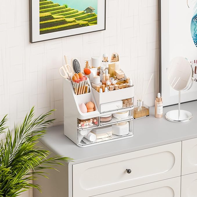 Yieach Countertop Makeup Organizers With Brush Holder,Big Skincare Organizers for Vanity,Dresser,Bathroom,Plastic Cosmetics Storage Organizer with 4 Drawers for Lotion,Beauty,Hair Product & Tool,White