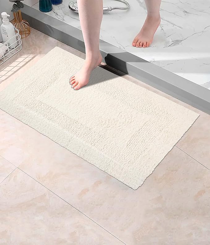COTTON CRAFT Luxurious Bath Mat Rug - Set of 2 Reversible Heavyweight Step Out Bath Mats for Bathroom Floor, Tub and Shower - Pure Cotton Soft Plush Absorbent Tufted Racetrack Mat - 17 x 24 in - Ivory