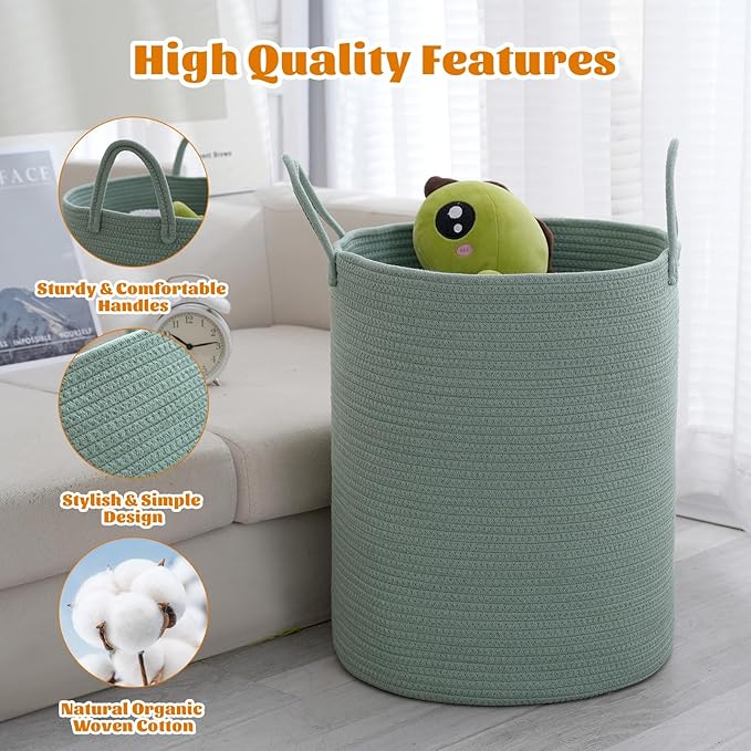 Woven Basket Nursery Laundry Hamper with Handles, Clothes Storage Organizer, Woven Basket for Boy Room Decor, Toy & Blanket Storage Bin, 15x15x18 Inch,Green,1pc
