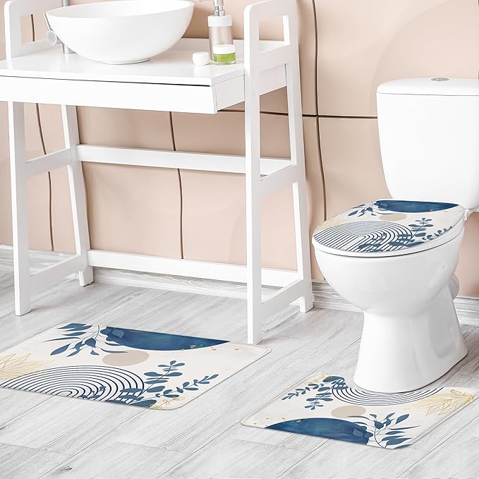 Riyidecor Boho Light Blue 4Pcs Bathroom Shower Curtain Sets Mid Century Minimalist Abstract Modern Bathroom Decor Set with Rugs and Accessories Leaf Toilet Lid Rug, Contour and Bath Mat with 12 Hooks