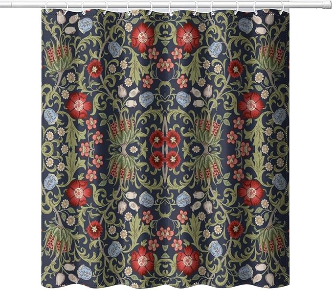 Boho Watercolor Floral Shower Curtain William Morris Design Heavy Duty Fabric Shower Curtain Set Bathroom Polyester Waterproof Shower Curtain 66x72 Inches(168x183cm), Style