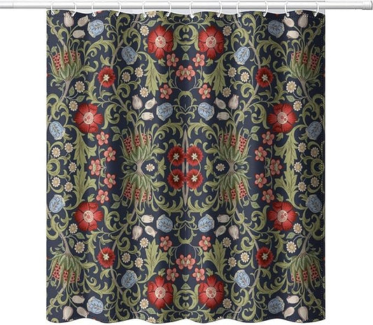 Boho Watercolor Floral Shower Curtain William Morris Design Heavy Duty Fabric Shower Curtain Set Bathroom Polyester Waterproof Shower Curtain 66x72 Inches(168x183cm), Style