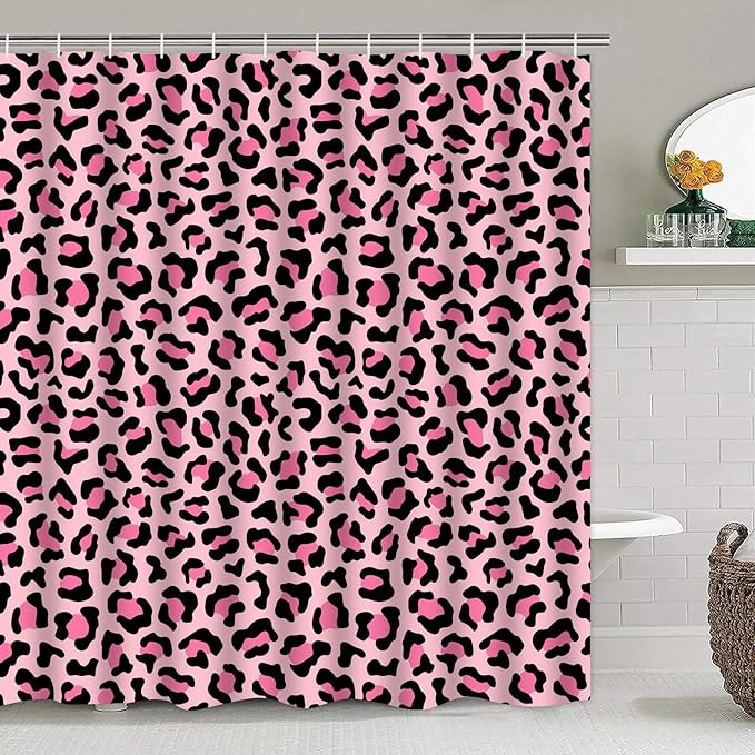 Onalasyc 5Pcs Pink Leopard Shower Curtain Set, Wall Painting Bathroom Sets with Shower Curtain and Rugs, Cheetah Print Bathroom Wall Art Decor Painting Shower Curtains Sets with Rugs