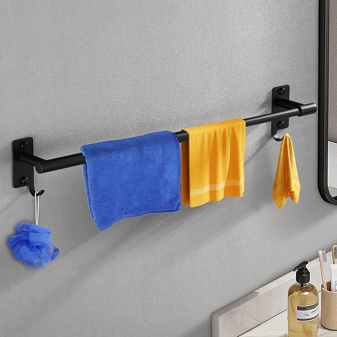 Adjustable Towel Rack for Bathroom, Stainless Steel Sturdy Towel Bar Rod (14.5”-23.6”) Wall Mount, Rustproof Towel Holder with Hanger Hook, Space-Saving Towel Rail for Bathroom Kitchen - Black
