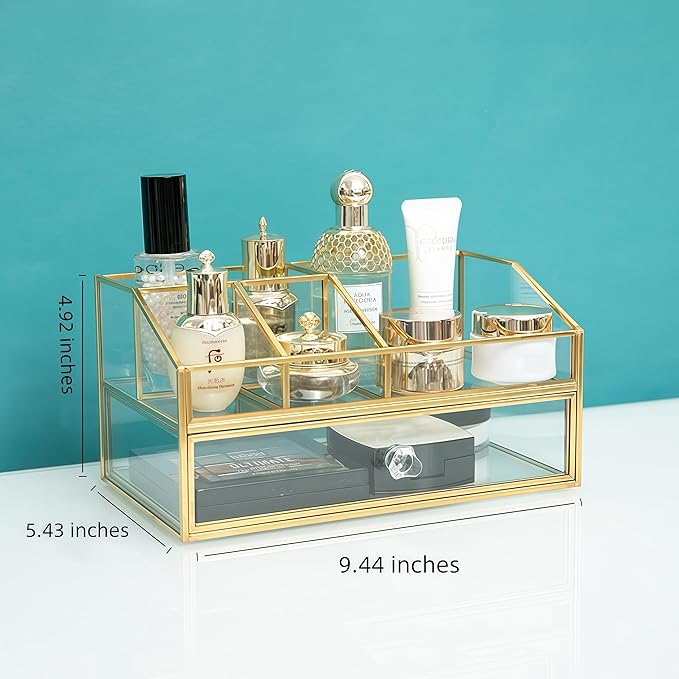 JIARI Glass Makeup Organizer with Drawer, Gold Brass Frame Jewelry Display Box, Nordic Style Cosmetic Storage for Vanity Bathroom Bedroom Office, 9.44x5.43x4.92 Inches (Storage Box-2 Tier)