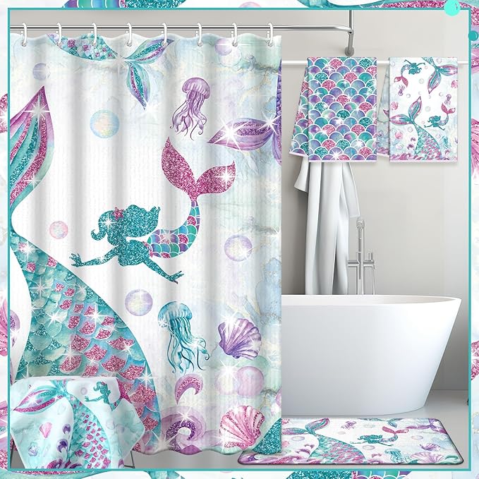 Nuanchu 6 Pcs Mermaid Shower Curtain Set with Rug Bathroom Sets with Shower Curtain Bath Mat U Shaped Mat Toilet Lid Cover 2 Bath Towels and 12 Hooks Mermaid Bathroom Decor
