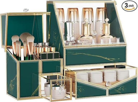 Glass Makeup Organizer for Vanity and Bathroom Countertop – Large Cosmetic Display Case and Skincare Storage Solution