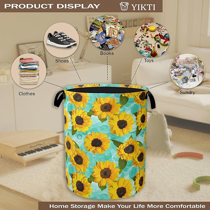 Yellow Sunflowers Laundry Hamper,Summer Floral Clothes Hamper for Laundry,Waterproof Oxford Toy Storage Collapsible Hampers for Bedroom, Dorm Room,Bathroom,16x20 Inch