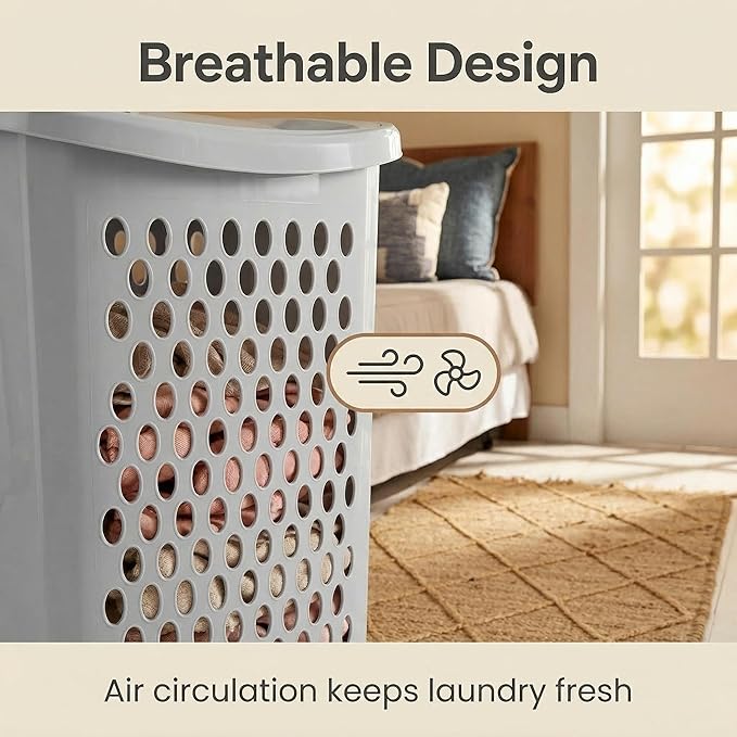 2 Bushel Rolling Laundry Hamper with Lid & Wheels - Light Gray Plastic Laundry Basket, Ventilation Design, Easy Move for Bedroom Bathroom Laundry Room (1 Pack）