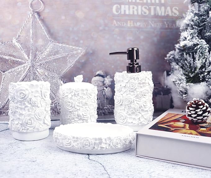 Hymmah Bathroom Accessories Set,Rose Design Bathroom Set,Farmhouse Bathroom Decor,4 Pcs Resin Gift Set Apartment Necessities, Contain Cotton Swab Jar,Soap Dispenser,Soap Dish,Tumbler White