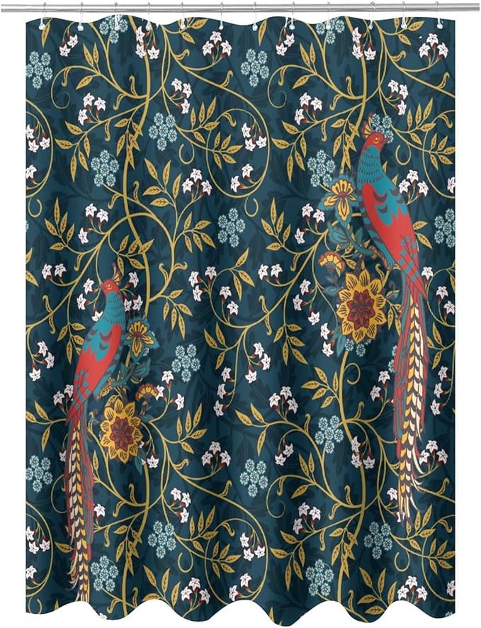 Rustic William Morris Art Print Fabric Shower Curtain,Vintage Mid Century Boho Floral Bird Hotel Quality,Machine Washable,72L x72W for Bathroom.