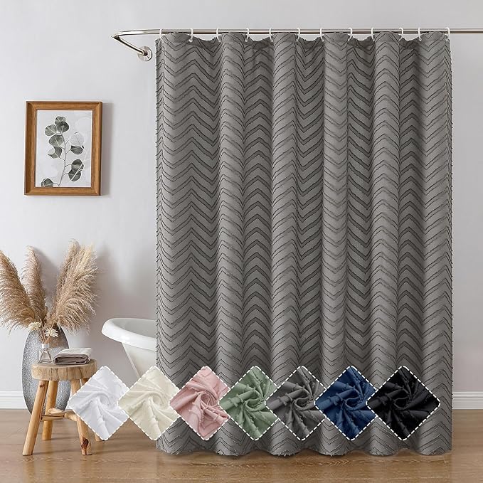 OVZME Grey Shower Curtain 72 Inches for Bathroom, Modern Boho Soft Fabric Cloth Shower Curtain, Elegant Tufted Chevron Striped Textured Fabric Hotel Quality, 72Wx72L Inches