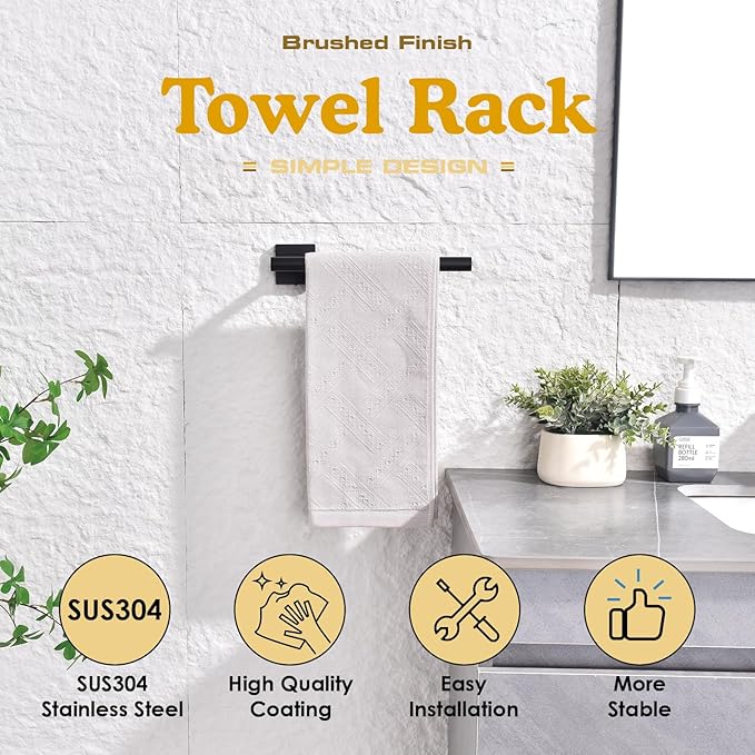 Black Hand Towel Holder,Thicken SUS 304 Stainless Steel Towel Bar Towel Ring for Bathroom, Modern Design Hand Towel Rack Towel Hanger Wall Mounted