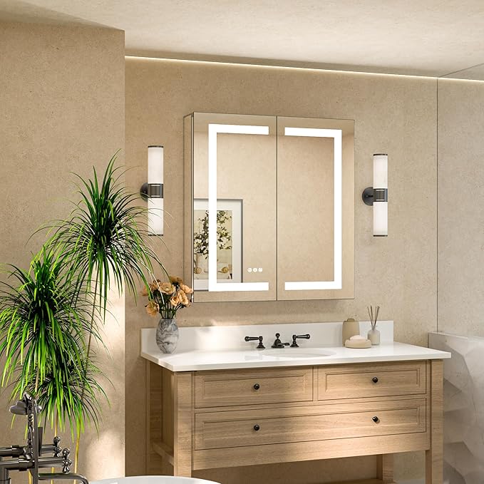 TETOTE 30 x 32 Lighted Medicine Cabinet Mirror for Bathroom with LED Lights, 2 Door Tempered Glass Recessed or Surface Mount Mirrored Cabinet, Outlets & USB, 3-Color Dimming, Defog, Adjustable Shelf