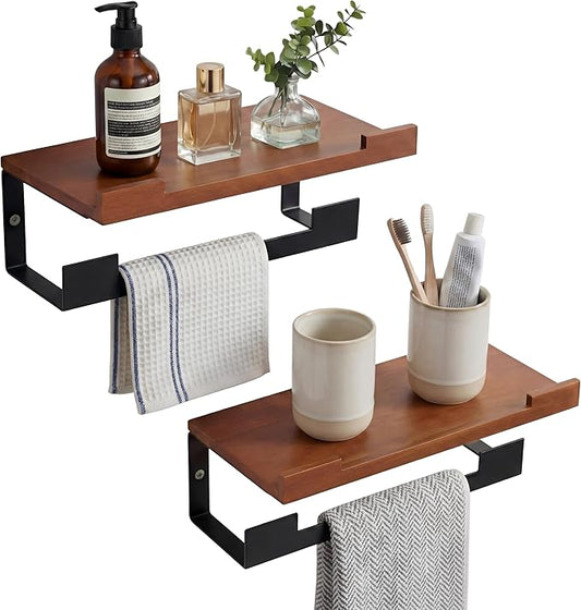 2 Pack Hand Towel Holder/Towel Ring with Wooden Shelf, 9.3 Inch Metal Bath Accessories Wall Mounted Household Decor Hand Towel Hanger for Bathroom Washroom Living Room