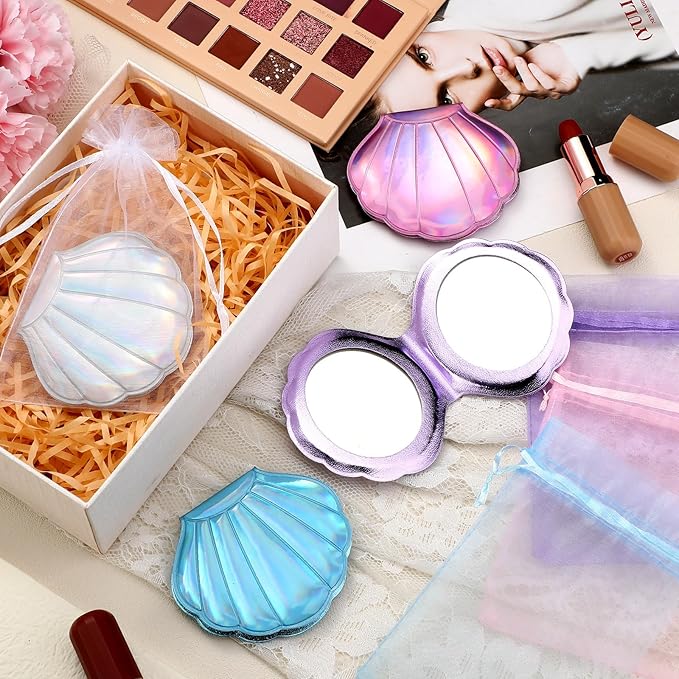 Barydat 24 Set Seashell Compact Mirror Bulk Mermaid Party Favors 4 Colors Double-sided Magnification Shell Mirror Foldable Mini Travel Pocket Mermaid for Women Girl Birthday Beach Party Supplies Decor