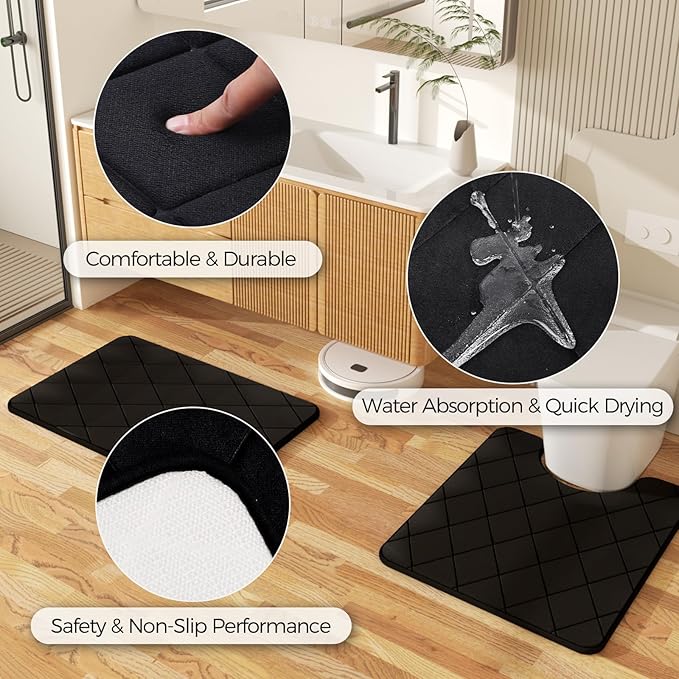 Bathroom Accessories Set - Black Bathroom Set with Shower Curtain and Rugs, Trash Can, Toilet Brush with Holder, Soap Dispenser, Toothbrush and Toothpaste Holder, Cup, Soap Dish, Qtip Holders, Tray