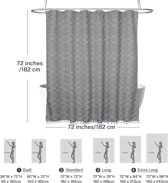 Boho Grey Textured Shower Curtain with Tassels 72 x 72 Tufted Chevron Striped Chenille Woven Fabric Cloth Shower Curtain Modern Farmhouse Minimalist, Shabby Chic Home Decor for Bathroom