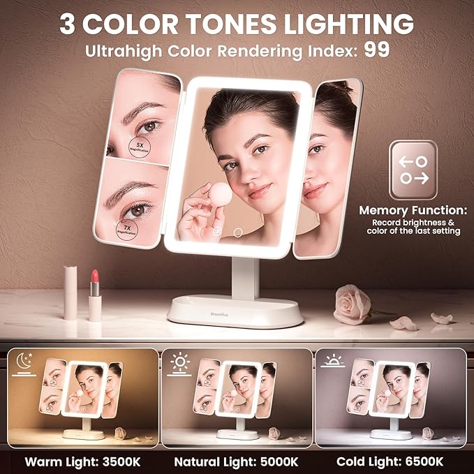 Lighted Makeup Mirror with 7X/5X/1X Magnification, Vanity Mirror with Lights, Trifold Led Makeup Mirror, 3 Lights Colors & Adjustable Brightness, 360° Rotation & Detachable Design for Travel Gift