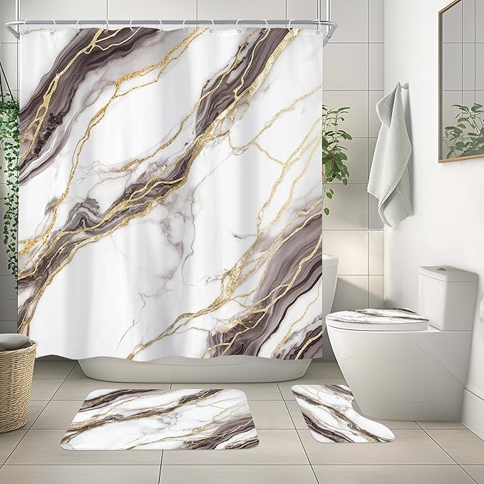 Newsely 4Pcs White Marble Shower Curtain Set with Non-Slip Rugs, Toilet Lid Cover and Bath Mat,Abstract Modern Gold Ombre Grey Shower Curtain with 12 Hooks,Crack Line Bath Curtain for Bathroom Decor