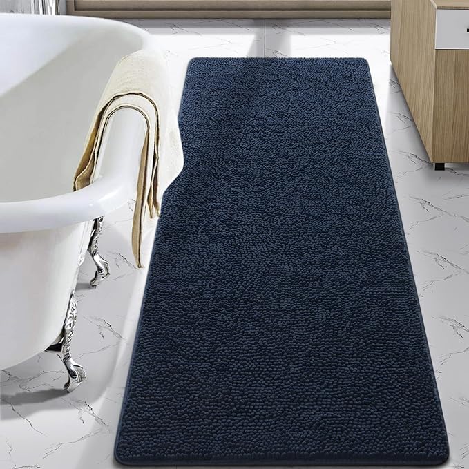 LOCHAS Luxury Bathroom Rug Shaggy Bath Mat 24 x 70 Inch, Washable Non Slip Bath Rugs for Bathroom Shower, Soft Plush Chenille Absorbent Carpets Mats, Navy