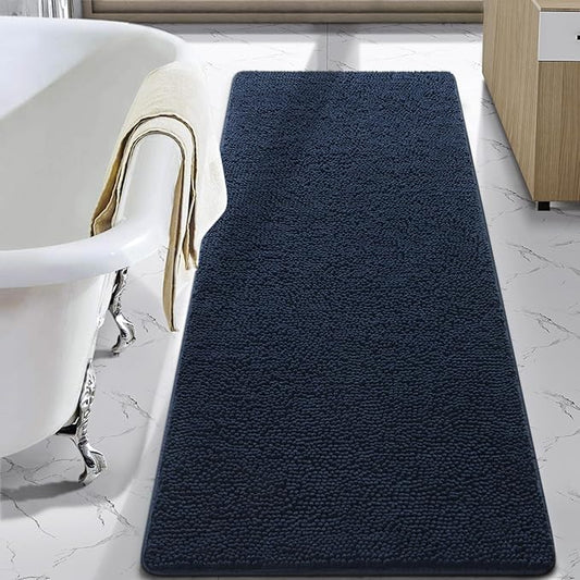 LOCHAS Luxury Bathroom Rug Shaggy Bath Mat 24 x 70 Inch, Washable Non Slip Bath Rugs for Bathroom Shower, Soft Plush Chenille Absorbent Carpets Mats, Navy