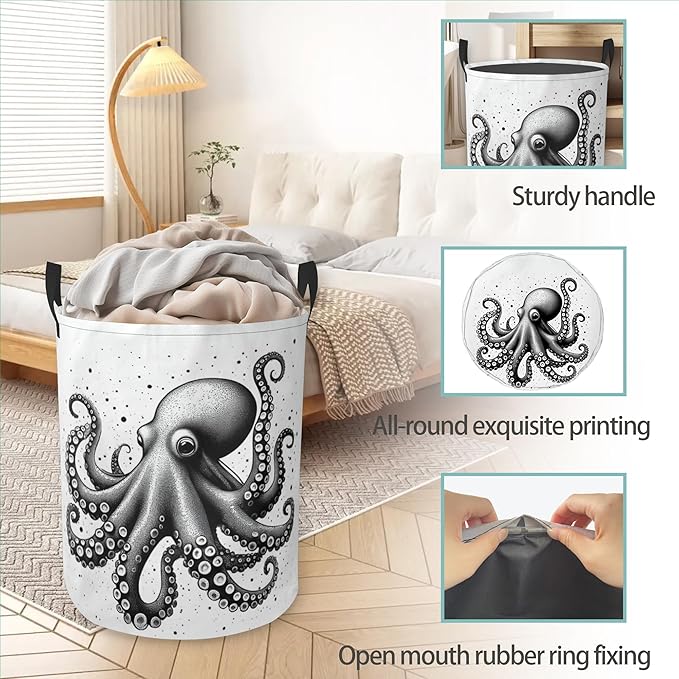 Octopus Round Laundry Hamper Storage Basket Toys Clothes Organizer Bin For Home Bathroom Bedroom Dorm Nursery