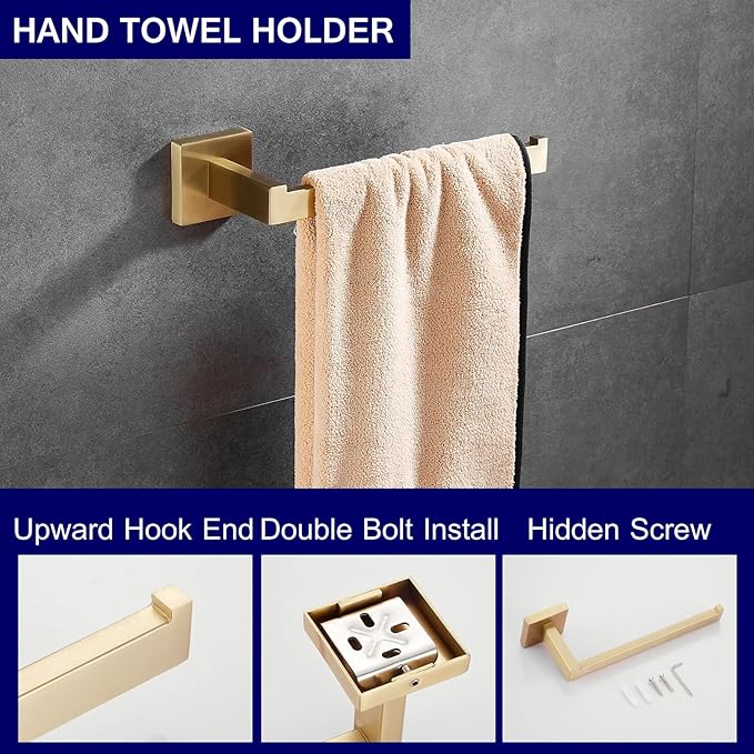 Bathroom Hardware Set 23.6-Inch Towel Bar,2pcs Towel Hook,Toilet Paper Holder,Hand Towel Holder Stainless Steel Brushed Gold Bathroom Accessories GTS3190BG…