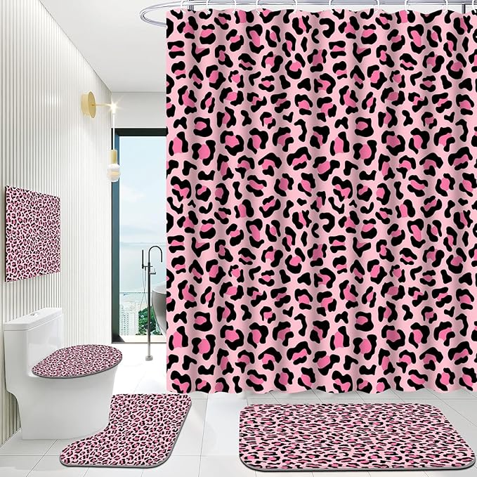 Onalasyc 4 Pcs Leopard Shower Curtain,Cheetah Shower Curtain Bathroom Set,Pink Animal Print Leopard Waterproof Bathroom Sets with Shower Curtain and Rugs,juego de baño,with 12 Pcs Hooks