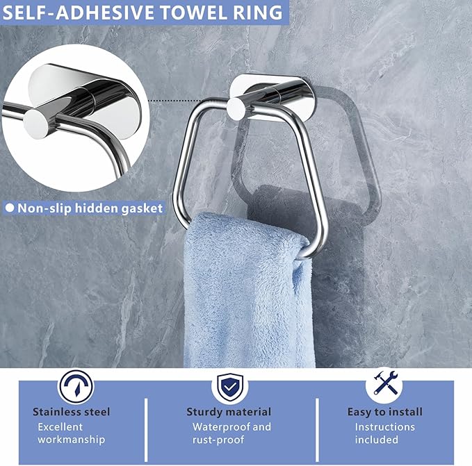 Self-Adhesive Towel Ring, Bathroom Hardware Accessories, 304 Stainless Steel Hand Towel Holder for Bathroom and Kitchen, Ladder Towel Hook, No Drill Installation Wall Mount (Chrome)