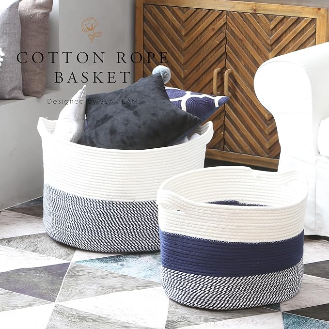 Sea Team Oval Large Cotton Rope Woven Storage Basket with Handles, Diaper Caddy, Baby Shower Basket, Nursery Nappies, Clothes Toys Organizer for Kid's Room, 16 x 13 inches, White & Mottled Navy