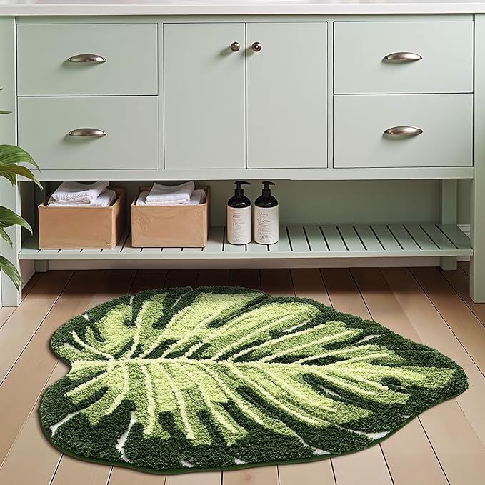 LUMI Cute Bathroom Rugs with Green Leaf Plant, Soft, Fluffy, Plush, Absorbent, Quick Dry, Non Slip, Machine Washable for Shower Floor, Bathroom, Bedroom, Kids Room, 31.5"x47", Monstera
