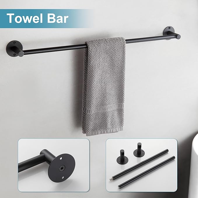 BVL Towel Racks for Bathroom 4 Pieces,Matte Black Stainless Steel Bathroom Accessories Set Wall Mounted Included 24 Inches Towel bar,Towel Holder,Toilet Paper Holder,Robe Hook