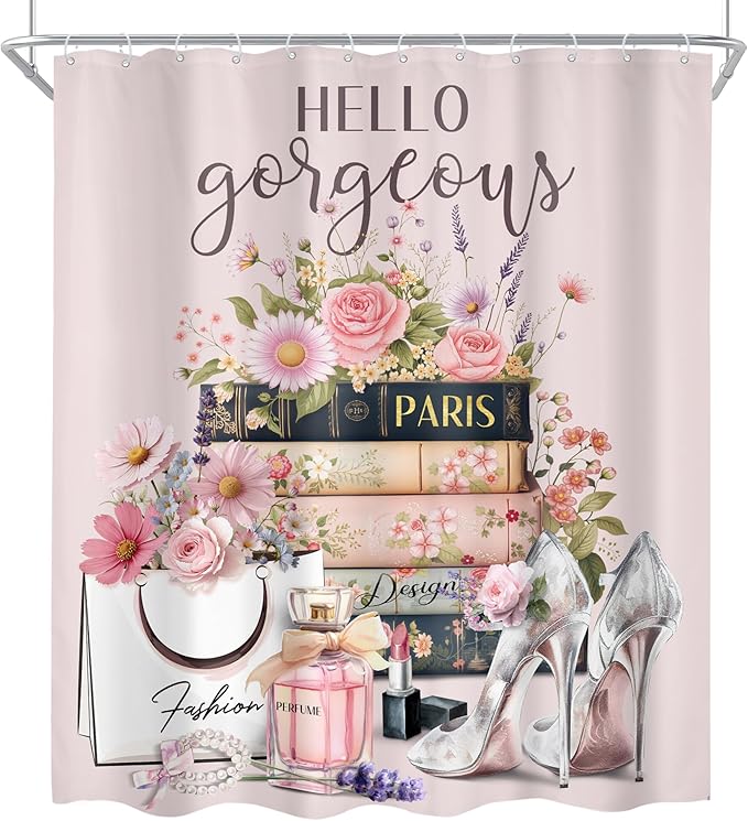 Cinbloo 4Pcs Pink Floral Shower Curtain Set, Fashion Flower Perfume High Heels Wildflower Girly Bathroom Curtain with Rug, Toilet Lid Cover, Bath Mat, Inspirational Quotes Shower Curtain with 12 Hooks