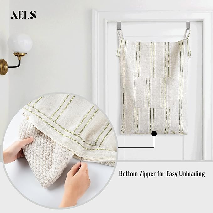 AELS Farmhouse Hanging Laundry Hamper with 2 Hooks, Boho Beige & Green Stripes Laundry Bag with Zipper & Wide Open Top, Over the Door Organizer for Dirty Clothes, Washable Space Saving Storage