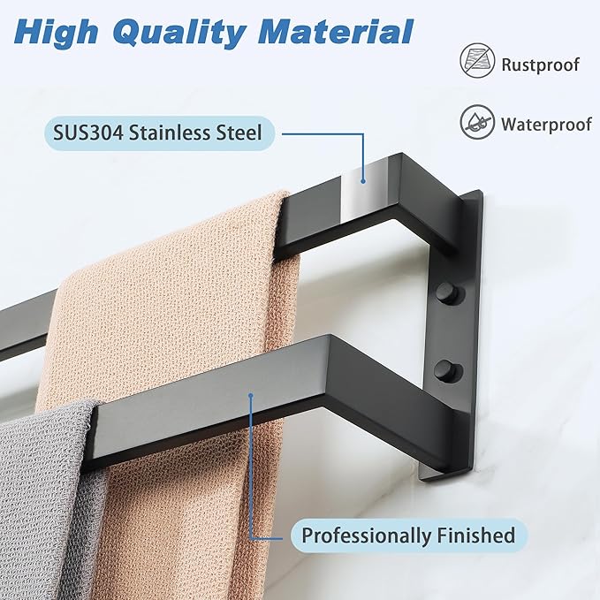 Alise Double Towel Bar, 24" Towel Racks for Bathroom Wall Mounted SUS304 Stainless Steel, Heavy Duty Bathroom Towel Holder, Quick Drying Towel Hanger, Matte Black