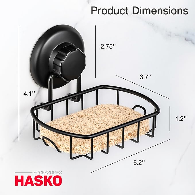 HASKO accessories Suction Soap Dish with Hooks - Super Powerful Vacuum Suction Cup Shower Soap Holder - Rustproof Stainless Steel SS304 Soap Basket - Sponge Holder for Bathroom & Kitchen (Black)