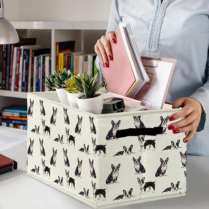 Boston Terrier Gifts Storage Bins & Boxes with Handles, Dog Foldable Basket for Organizing Dog Lovers,Boston Terrier Christmas Collapsible Laundry Hampers for Bedroom Bathroom Clothes Toys Books